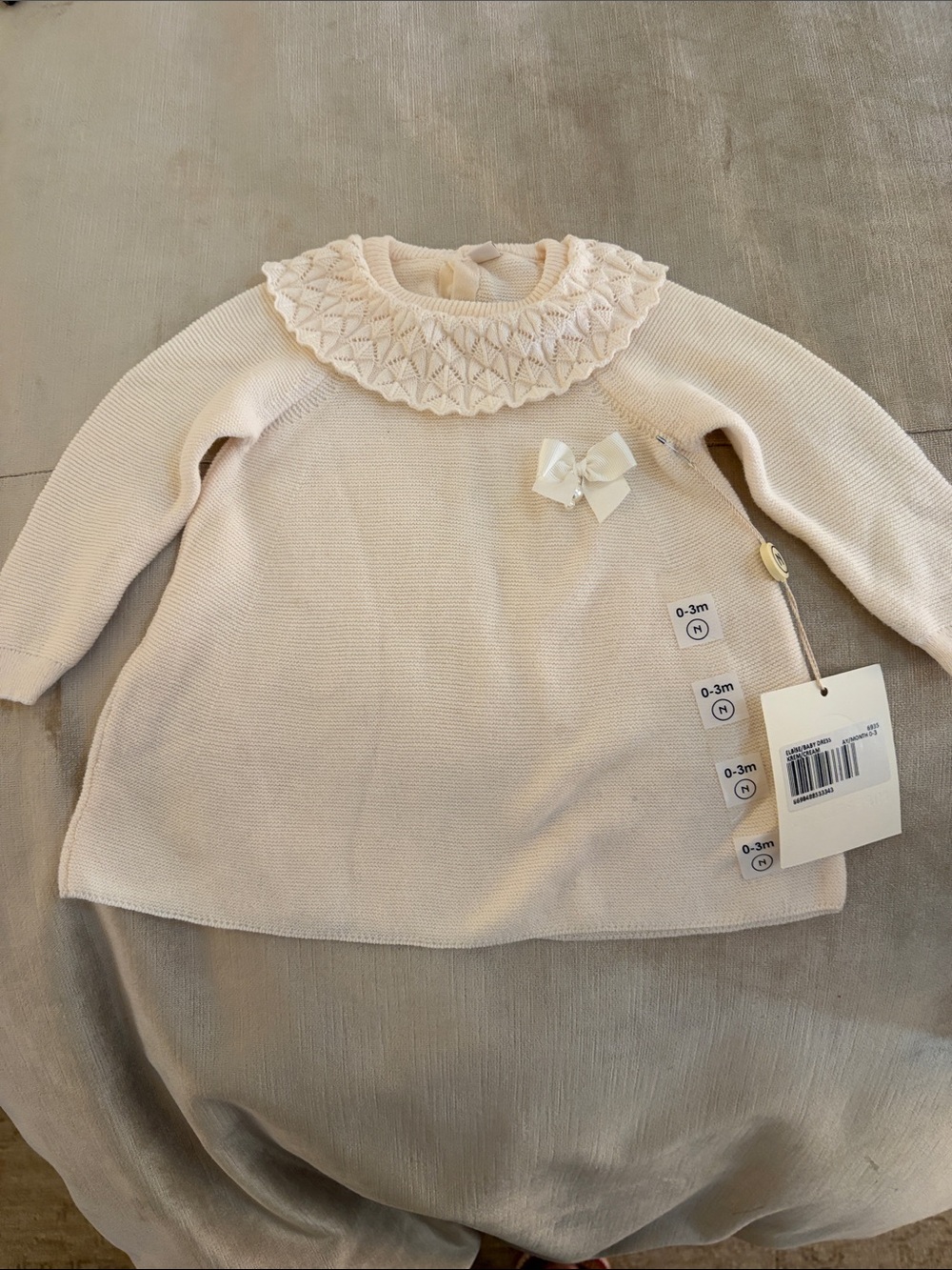 NWT- Cream Knit Baby Cotton Dress with Lace Collar